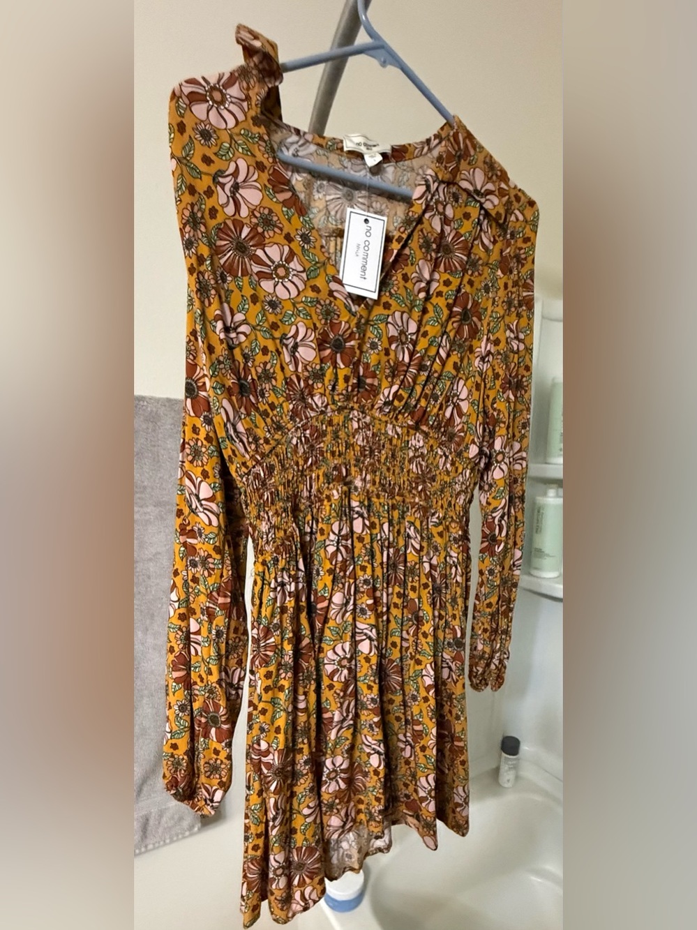Floral Smocked Waist Long Sleeve Dress - Mustard Pink Brown
